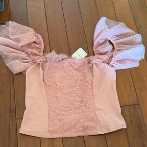 Free People Lace Puff Sleeve Blouse in Pink